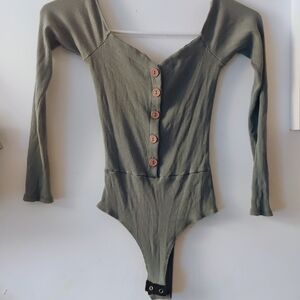 Fashion Nova Green Ribbed Bodysuit One Piece